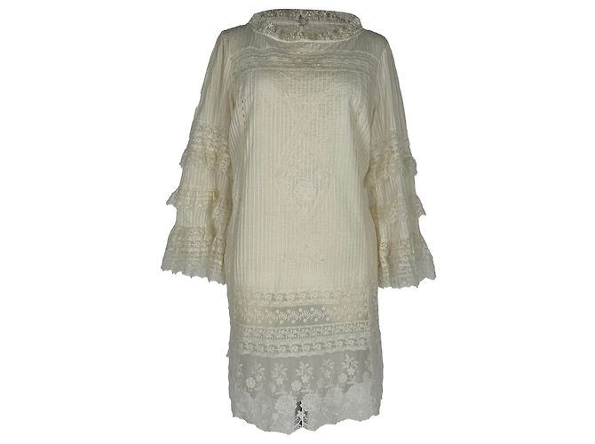 Autre Marque Vestido Mini Saloni Lori B em Algodão Branco com Pregas e Babados Cru
