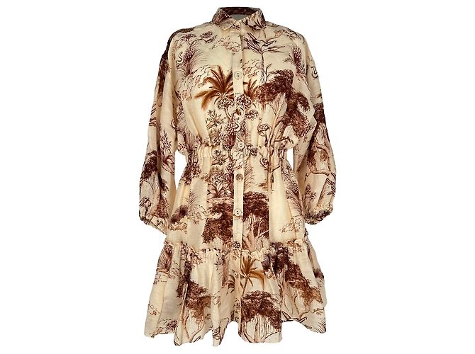 Abito camicia corto stampato Sandro Paris in lino marrone Rosso