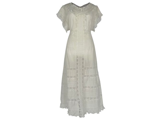 Vestido midi de manga curta com acabamento em renda Zimmermann em algodão branco Cru