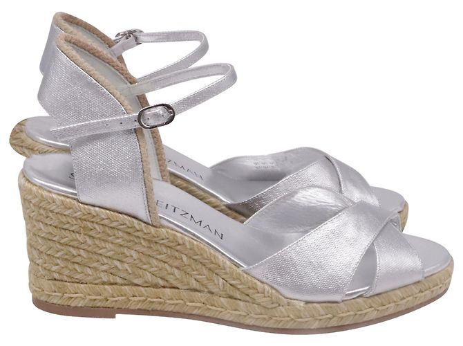 Stuart Weitzman Mirela II Espadrille Wedge em couro prateado Prata Metálico