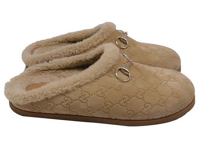 Mules Gucci Sol Horsebit in shearling e camoscio beige