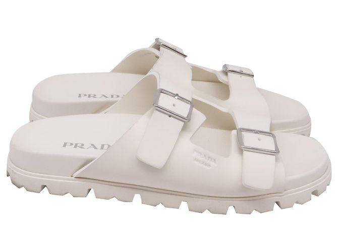 Prada Double-Buckled Strap Slide Sandals in White Rubber Cream