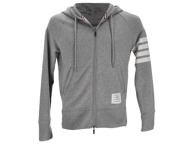 Thom Browne 4-Bar Zip-Up Hoodie aus grauer Baumwolle
