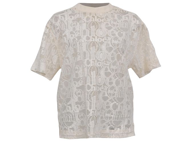 Chloé Logo Lace Patterned Blouse in Ivory Cotton White Cream
