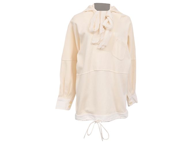 Top de manga comprida com decote em V e faixa Chloé em algodão creme Branco Cru