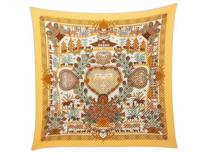 Hermès Lenço Hermes Carre 90 Plissado Decoupages Multicor Amarelo