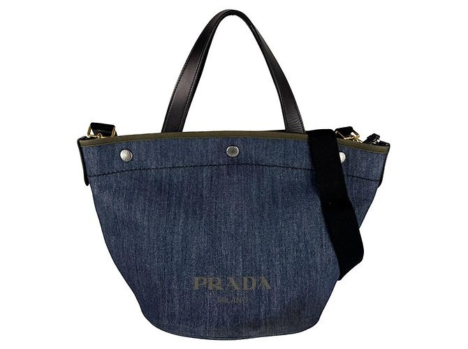 Bolsa Prada em denim e couro Preto Azul Caqui