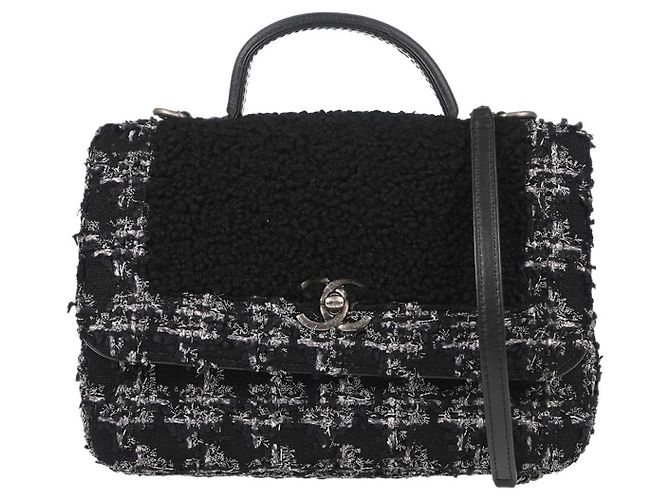 Chanel Top Handle Shearling with Tweed Small Negro