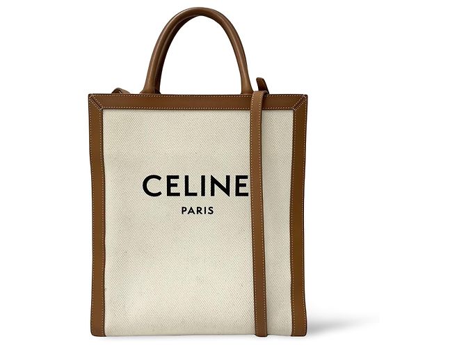 Céline Celine Vertical Cabas Canvas with Leather Small Blanco