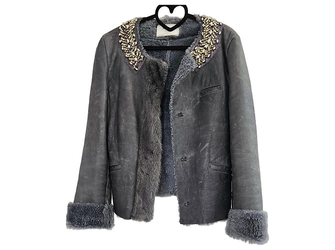 Prada Embellished Sheepskin and Mink Fur Jacket Grey Metallic