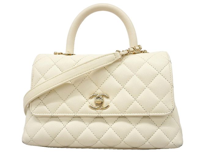 Coco Handle Bolsa Chanel em couro de bezerro granulado branco