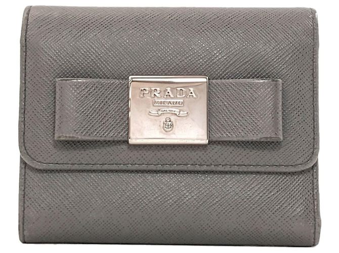 Prada Logo Tri-fold Wallet in Gray Saffiano Leather Brown