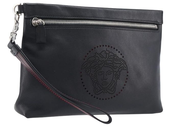 Borsa a pochette VERSACE in pelle nera e argento Auth bs37152A Nero