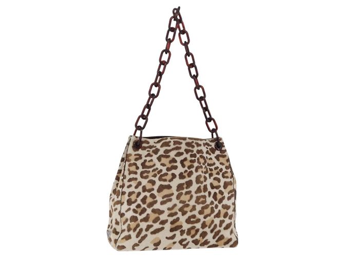 Bolsa de Ombro PRADA com Corrente de Plástico Couro Harako Bege Silver Auth 206034V Prata