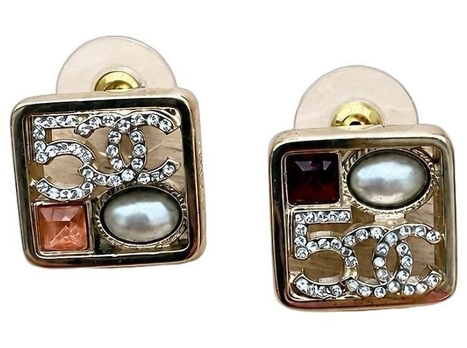 Brincos quadrados Chanel CC Logo com pérolas e cristais Branco Vermelho Dourado