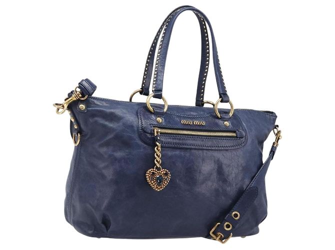 Miu Miu Handtasche Vitellolux 2way Navy Gold Auth 206095M Golden Marineblau
