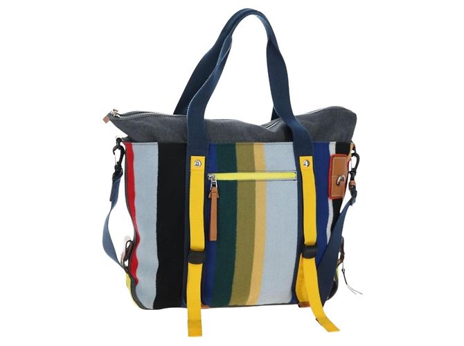 LOEWE Tote Bag Wolle 2way Blau Silber Auth 203705M