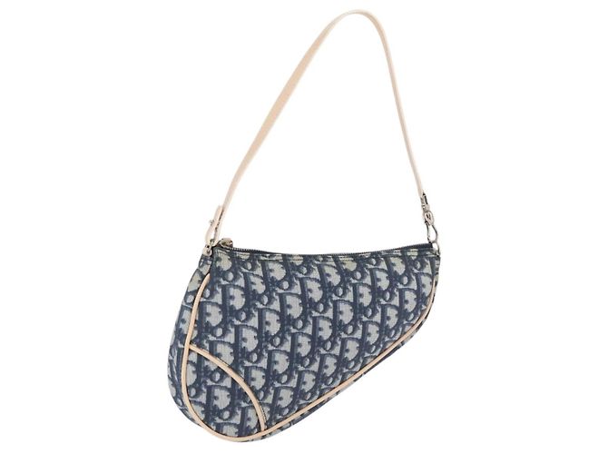 Pouch Saddle Christian Dior Trotter Canvas PVC Blue Silver Auth ka6323V Argento