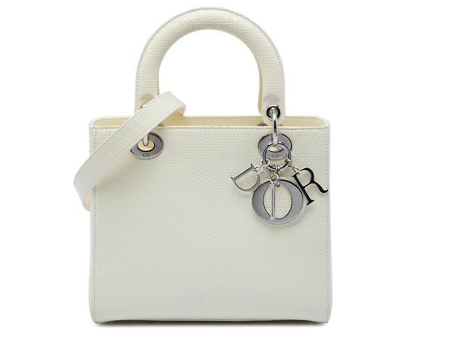 Autre Marque Borsa Lady Dior Medium in pelle verniciata Microcannage bianca Bianco