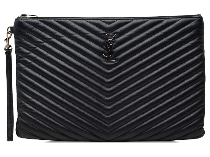 Autre Marque Borsa clutch porta documenti Saint Laurent in pelle blu con monogramma e chevron