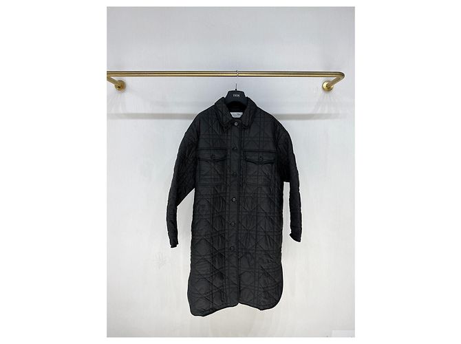 Autre Marque Dior Langer Steppmantel Schwarz Rattan Karomuster Mehrfarben