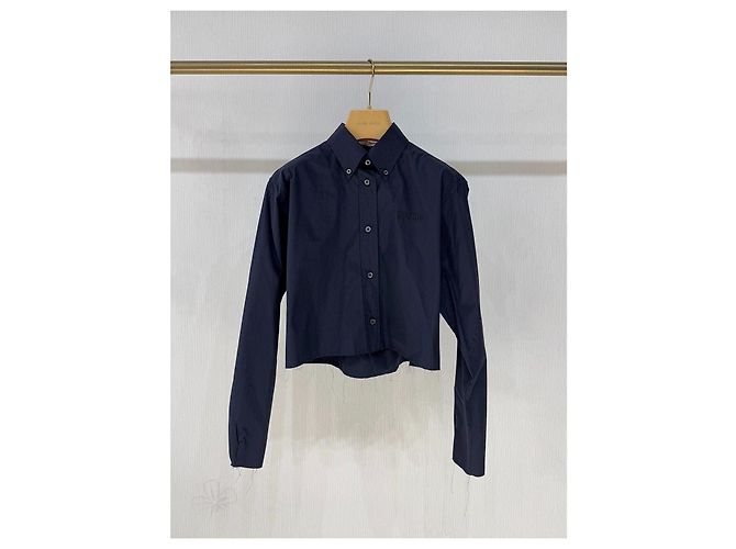 Top Miu Miu in lana blu navy con logo Multicolore
