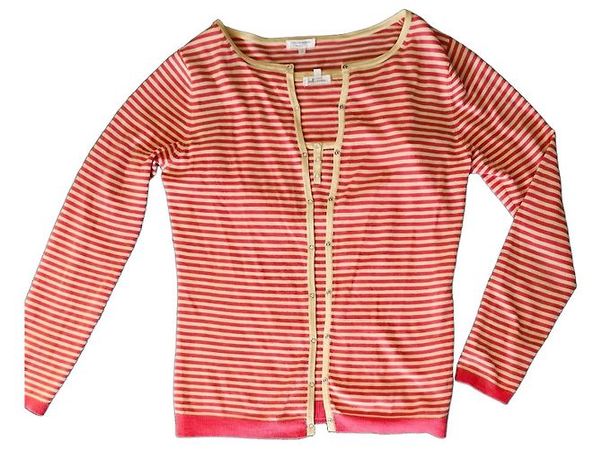Conjunto de Cardigã e Camisola em Algodão e Caxemira às Riscas Eric Bompard Rosa Bege