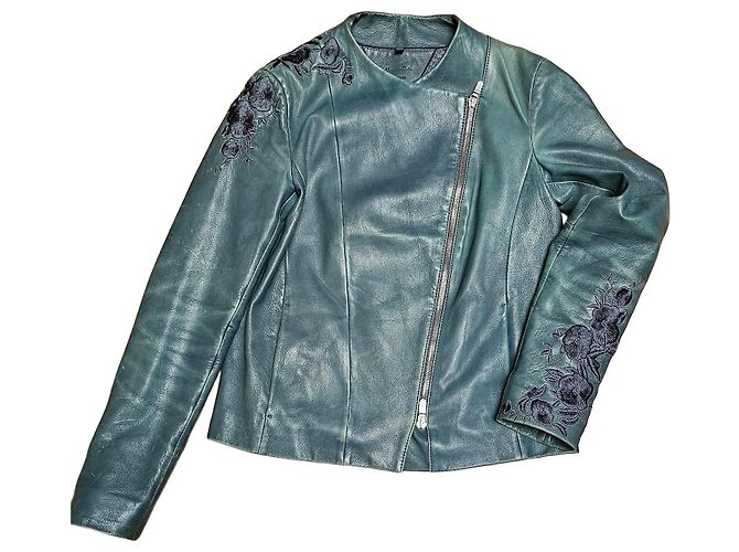 Massimo Dutti Women's Teal Leather Embroidered Biker Jacket Dark green