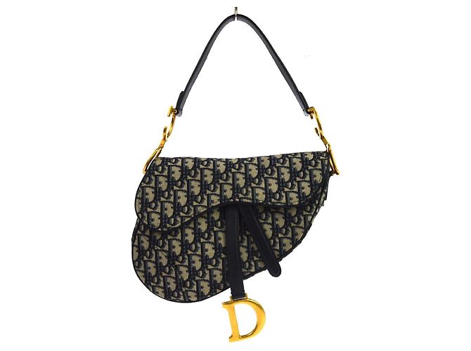 Bolsa de Mão Saddle Christian Dior com Alça em Lona Oblique Medium Azul marinho