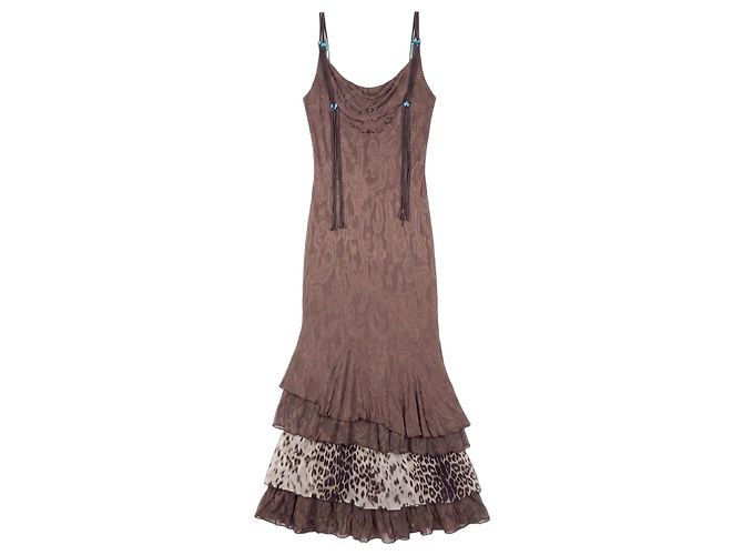 Roberto Cavalli Maxi-Kleid mit Rüschen, Leopard- und Blumenprint aus den 2000ern