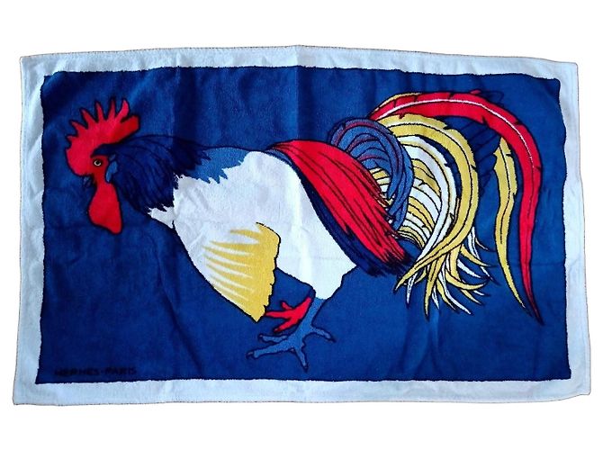 Toalla Hermès 'Le Coq et la Poule' de algodón azul Negro Blanco Roja Amarillo