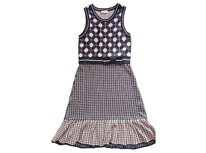 Vestido de malha Red Valentino azul marinho e rosa com bolinhas e xadrez e detalhe de laço