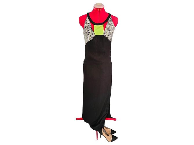 Autre Marque Naf Naf Vestido Maxi Negro Estampado Abstracto Blanco Verde
