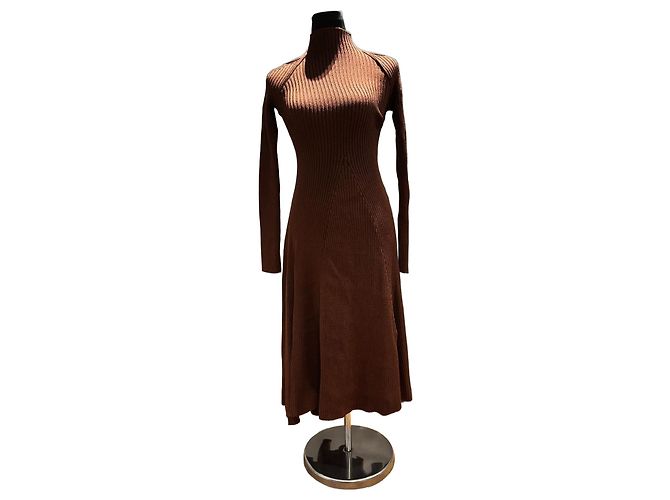 Céline Celine Vestido Midi de Malha Canelada Castanho Marrom