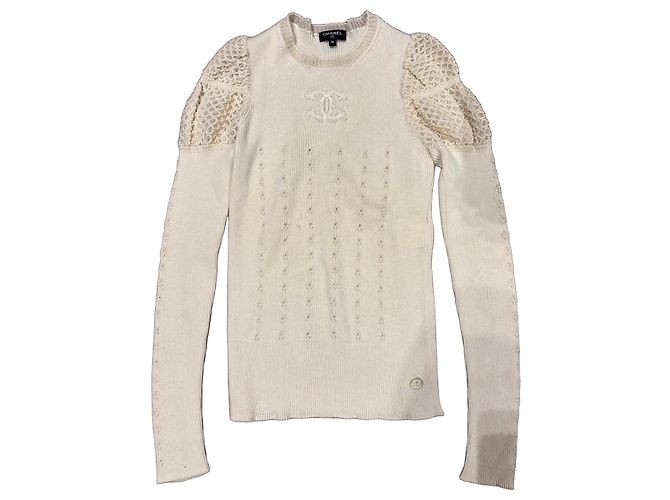 Chanel Top de malha cashmere creme com renda Cru