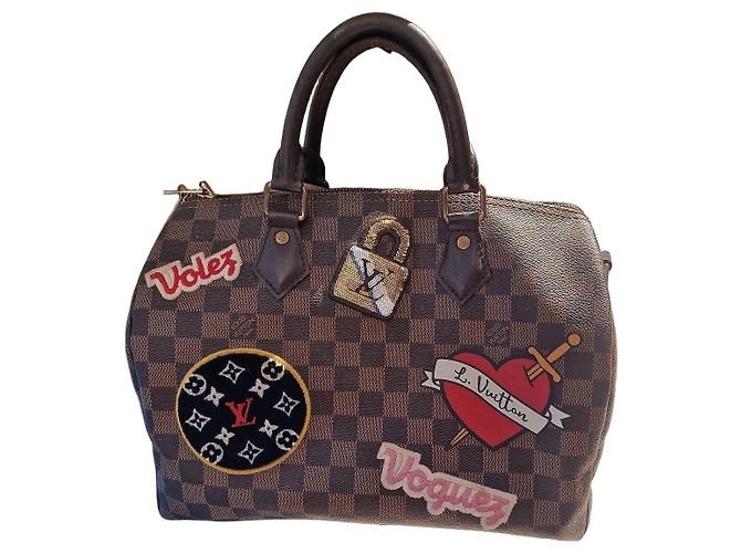 Louis Vuitton Speedy 30 Damier Ebène con patch personalizzati Marrone Multicolore Monogramma
