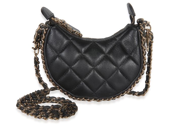 Gabrielle Bolsa Chanel Mini Moon Hobo Crossbody em pele de cordeiro acolchoada preta com corrente CC Preto