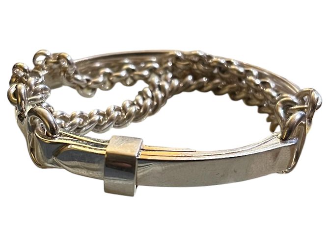 Bracelete Hermès em tom prateado com corrente dupla