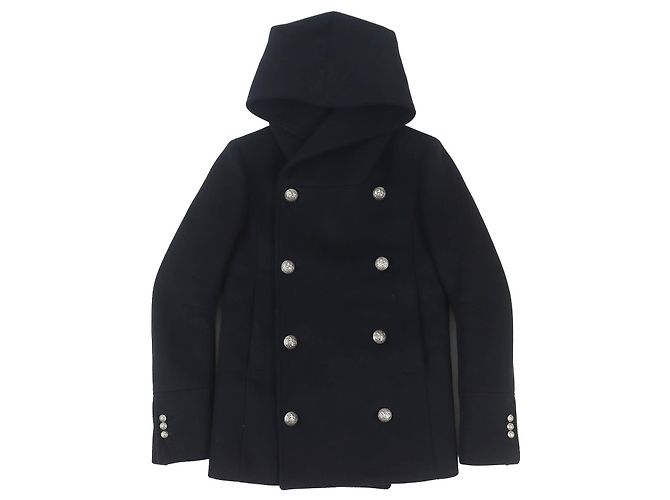 Balmain Emblem Button Wool Coat Black