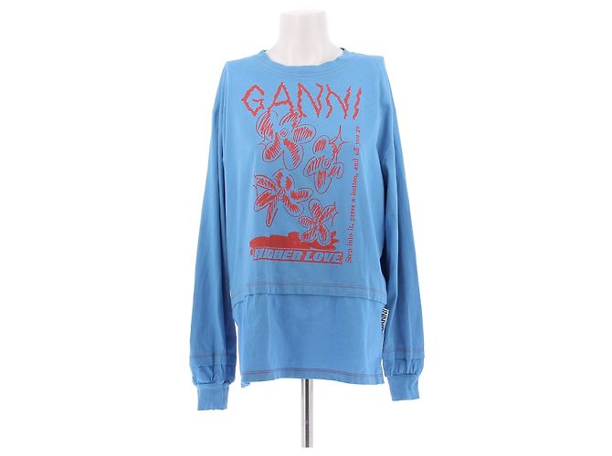 Ganni T-shirt blu a maniche lunghe risvoltate