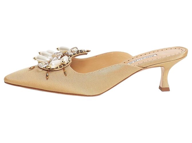 Manolo Blahnik Goldene Mules mit Kunstperlen - size EU 39.5