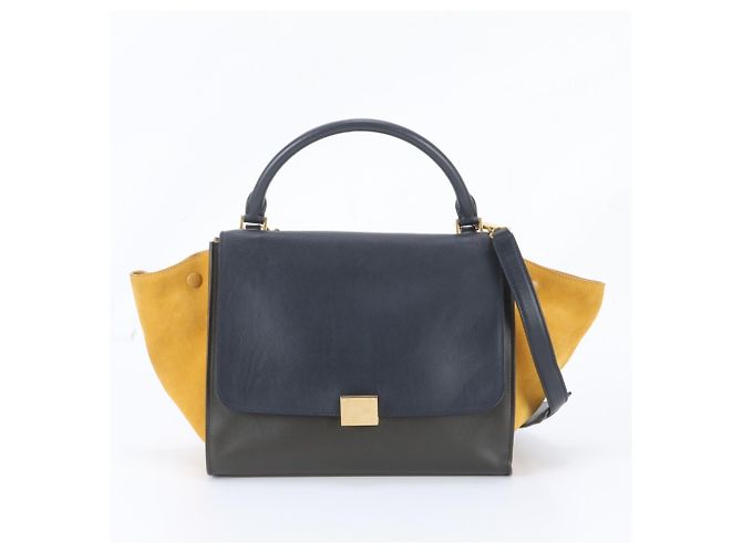 Céline Celine Trapeze Small Bolsa de ombro 2-Way em couro Marrom Amarelo Azul marinho