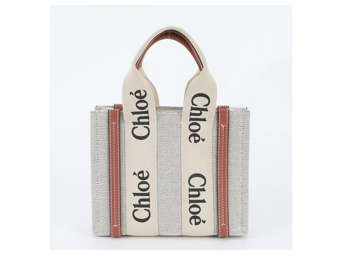mala Tote Chloé Woody em couro e tela Marrom Bege