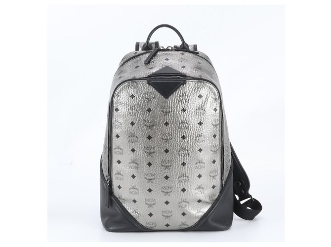 MCM Visetos Leather Backpack/Rucksack/Shoulder Bag Black Silvery