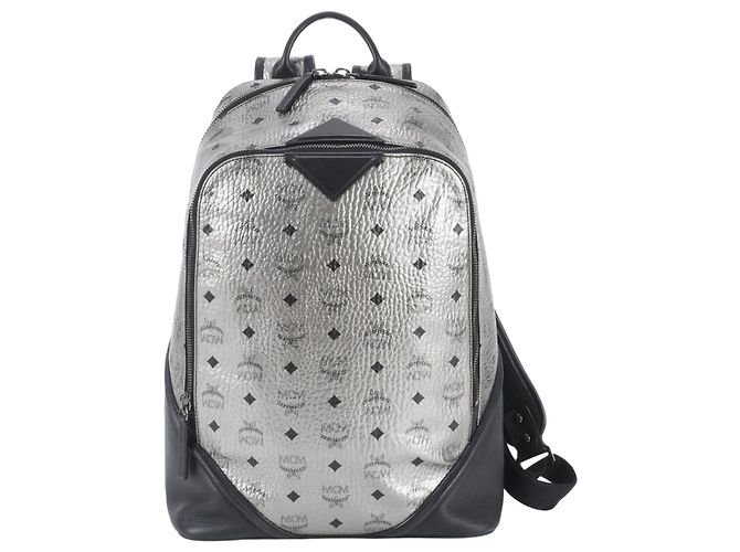 MCM Visetos Leder-Rucksack/Schultertasche Schwarz Silber
