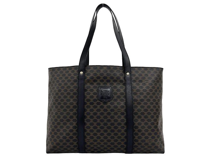 Céline Sac cabas Celine Vintage Macadam Blazon Pattern Triomphe en cuir Marron Noir