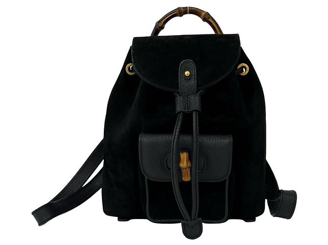 GUCCI Old Bamboo Suede Leather Backpack Black