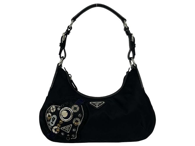 Bolsa semi-one shoulder em nylon Tessuto Pocono e couro com logo triângulo PRADA Preto