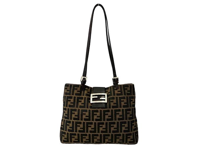 Sac cabas Fendi Zucca FF Pattern Canvas Leather Marron Noir