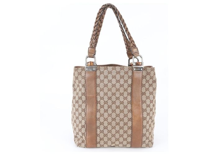 Saco Tote e de Ombro Gucci GG Canvas Bamboo Marrom Bege